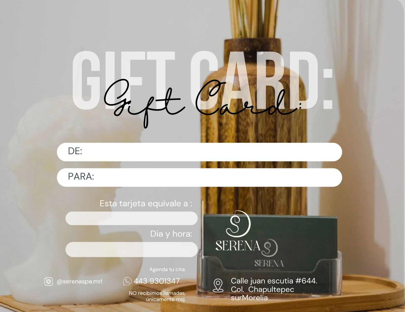 Gift Card de Serena Spa — tarjeta de regalo para servicios de spa en Morelia